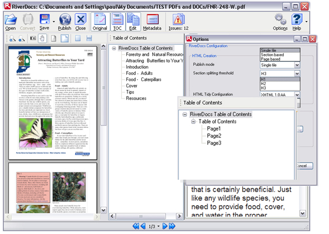 Table of contents displayed in pane between original and converted document