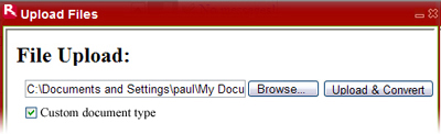 RiverDocs Converter Server Edition Upload Files dialogue box with Custom document type checkbox option
