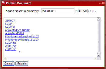 Publish Document dialogue box, with HTML and ZIP publishing options and published file list.